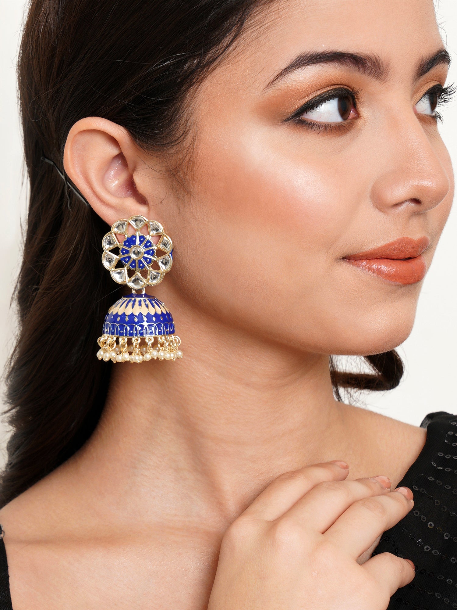 Karatcart Gold Plated Royal Blue Meena Kunda Studded Jhumki Earrings for Women - view 2