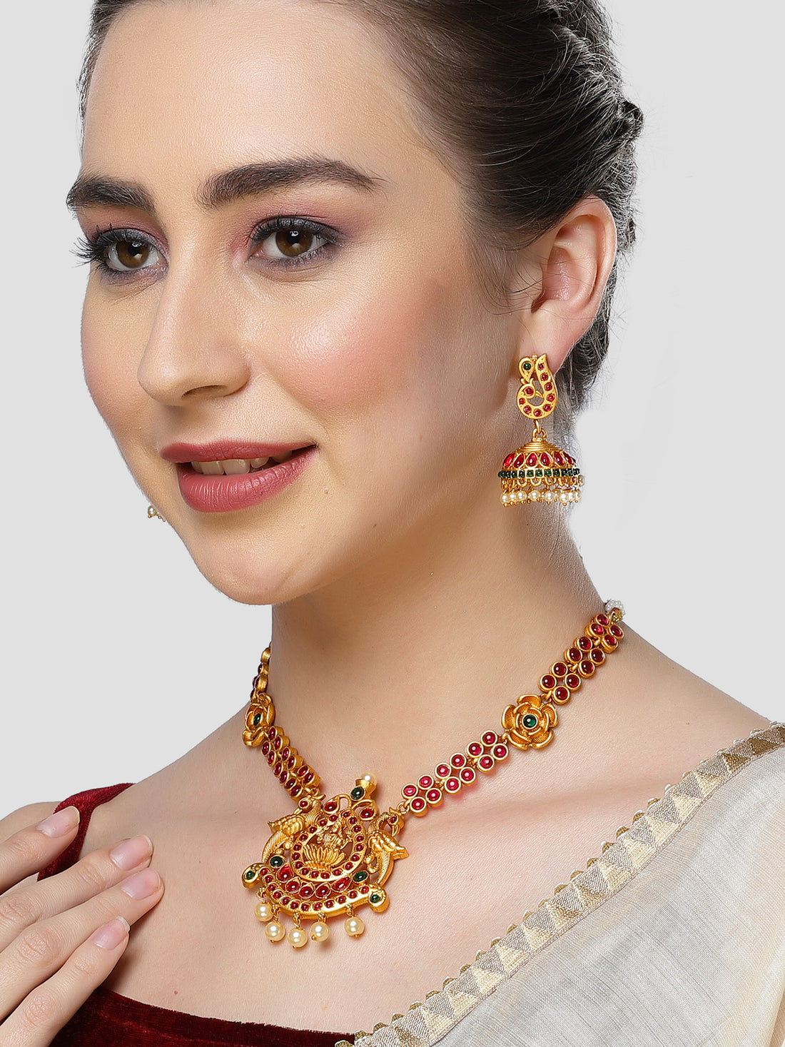 Karatcart Gold Plated Red Stones Laxmi Mata Temple Jewellery Set for Women