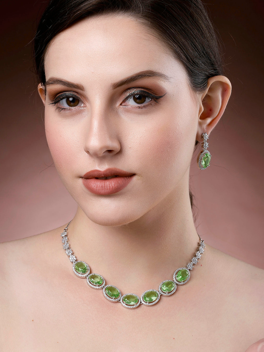 Karatcart Lime Green Cubic Zirconia Studded Light Weight Jewellery Set for Women