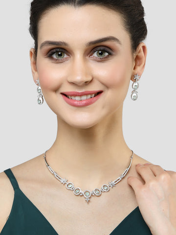 Karatcart Silver Tone Floral Design Light Green Cubic Zirconia Studded Necklace Set