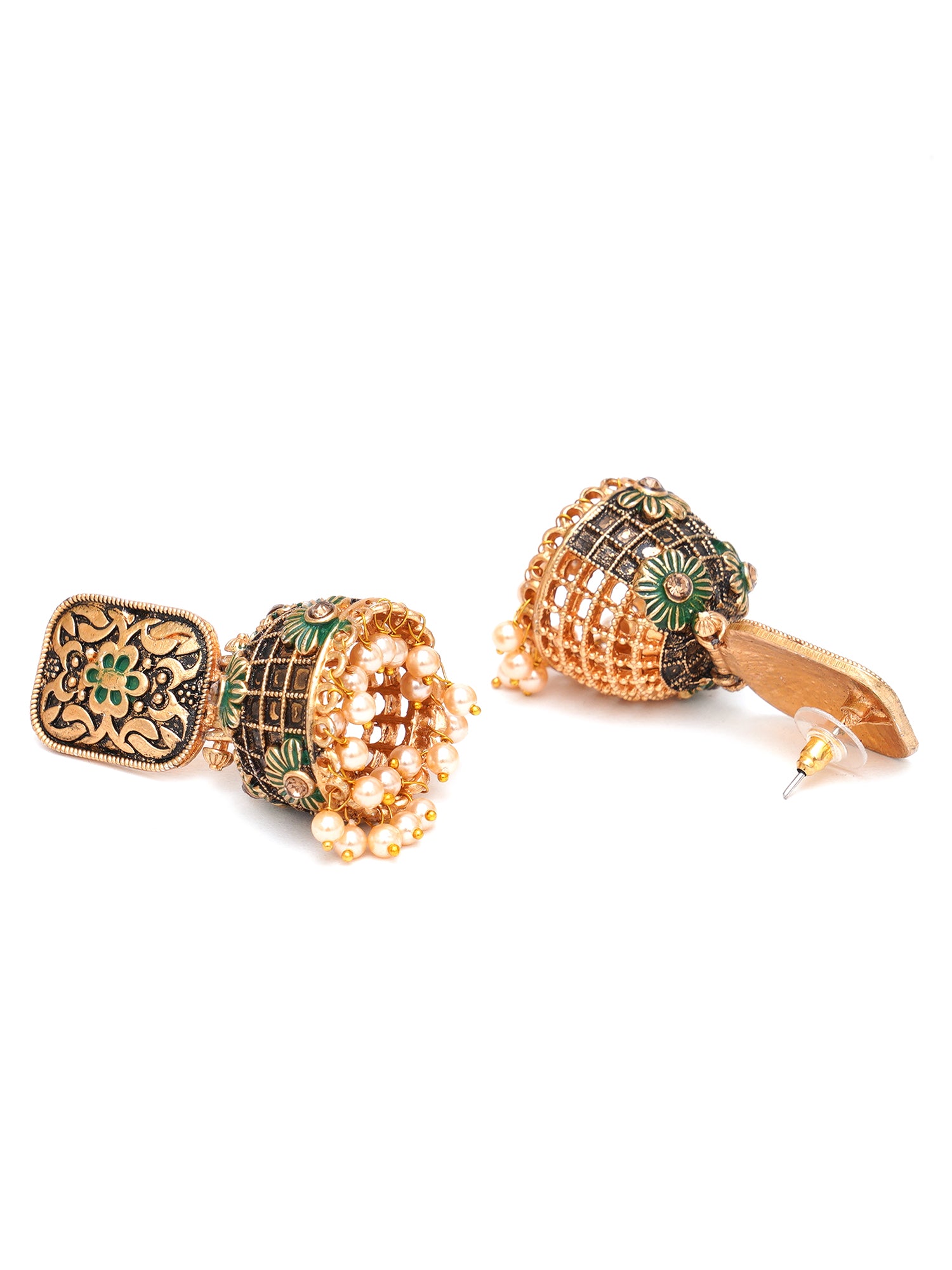 Karatcart Antique Gold Plated Floral Green Studded Jhumki Earrings for Women - view 5