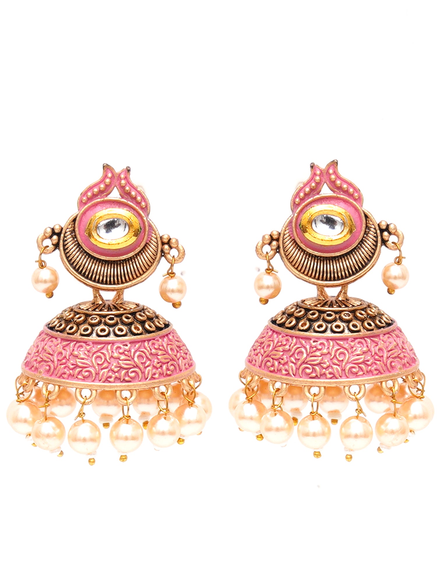 Karatcart Antique Gold Plated Polki Kundan Studded Pink Meena Jhumki Earrings for Women - view 4