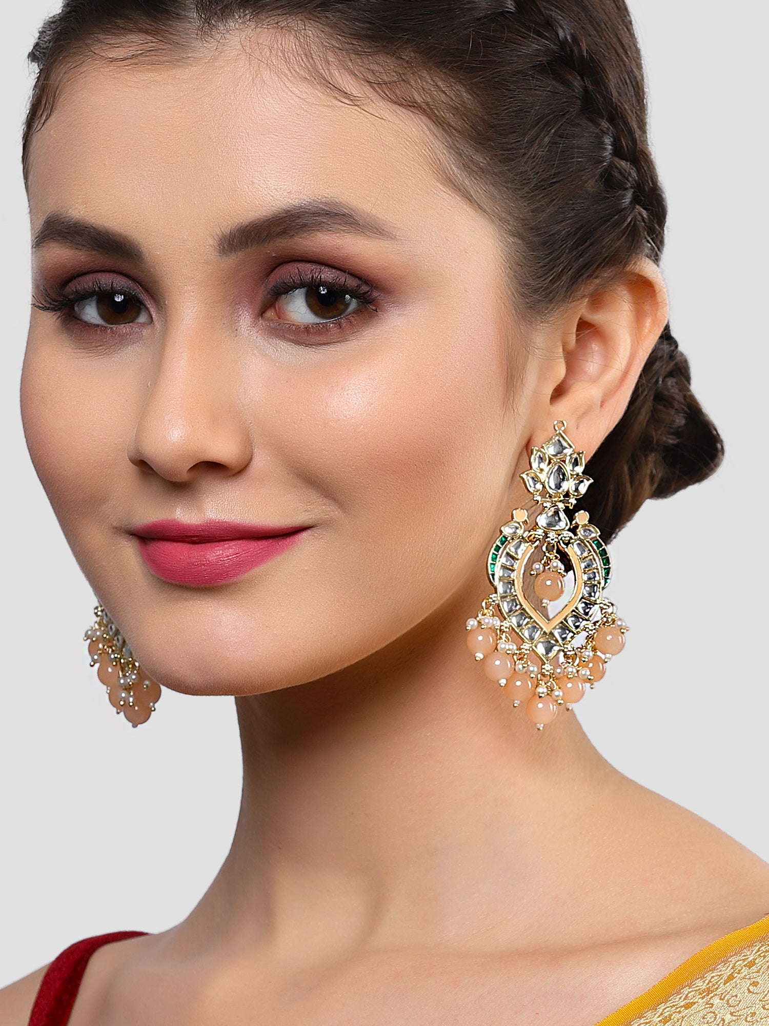 Karatcart Gold Plated Peach Beads Kundan Studded Dangler Earrings for Women - Image 1
