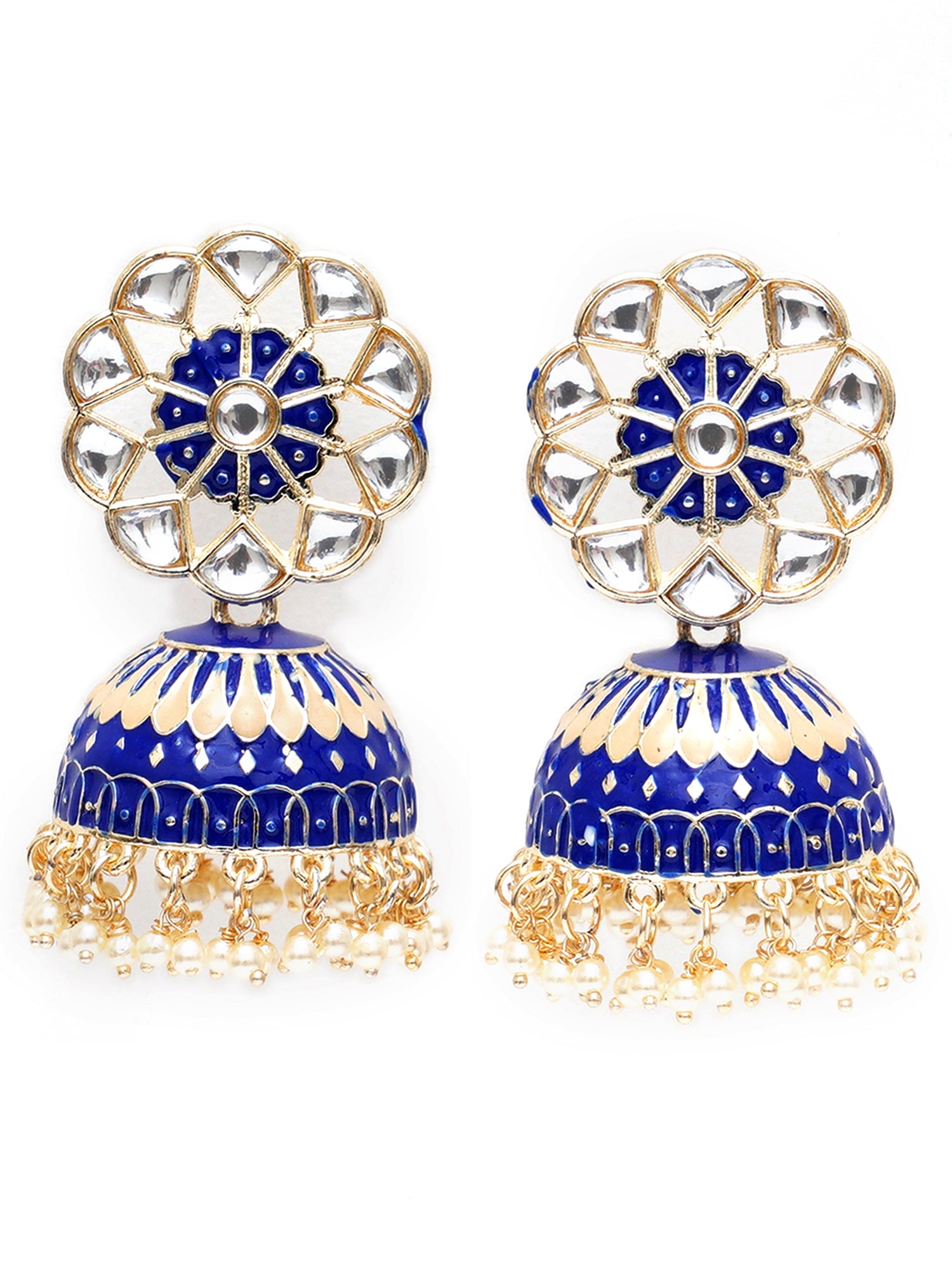 Karatcart Gold Plated Royal Blue Meena Kunda Studded Jhumki Earrings for Women - view 4