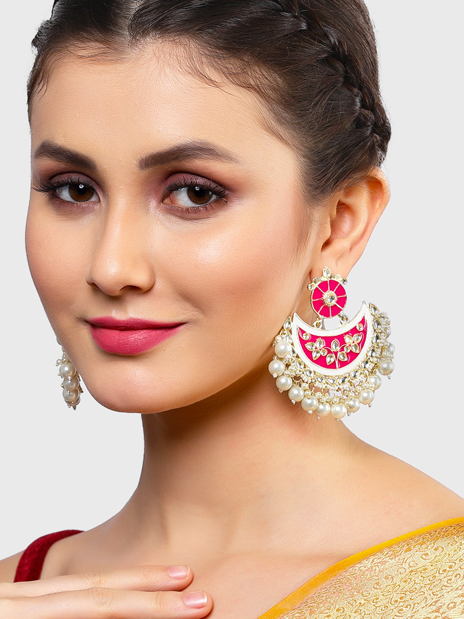 Karatcart Gold Plated Pink Meena Pearl and Kundan Studded Chandbali Earrings for Women - Image 1