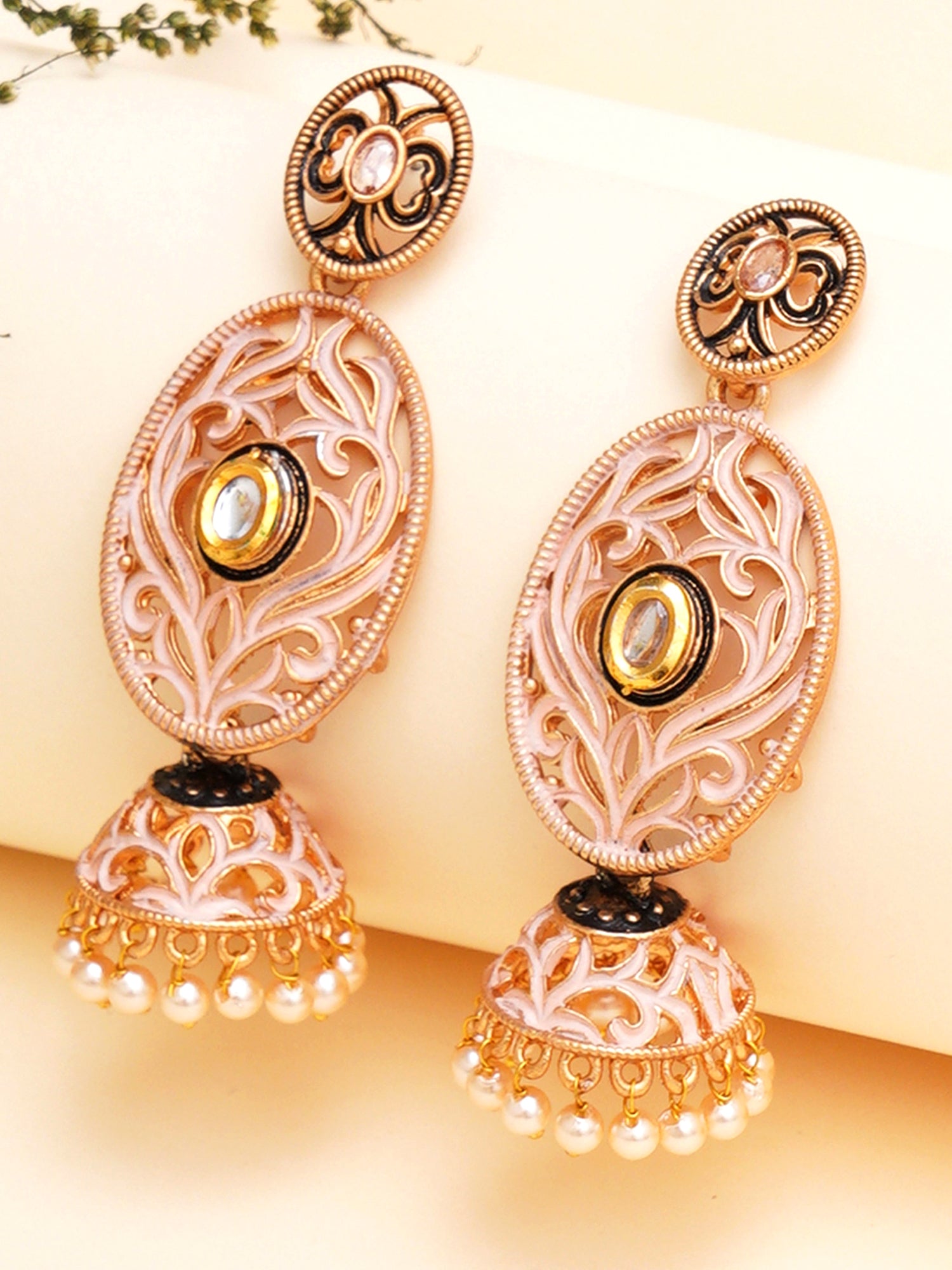 Karatcart Gold Plated Pink Meena Dangler Jhumki Earrings for Women - view 3