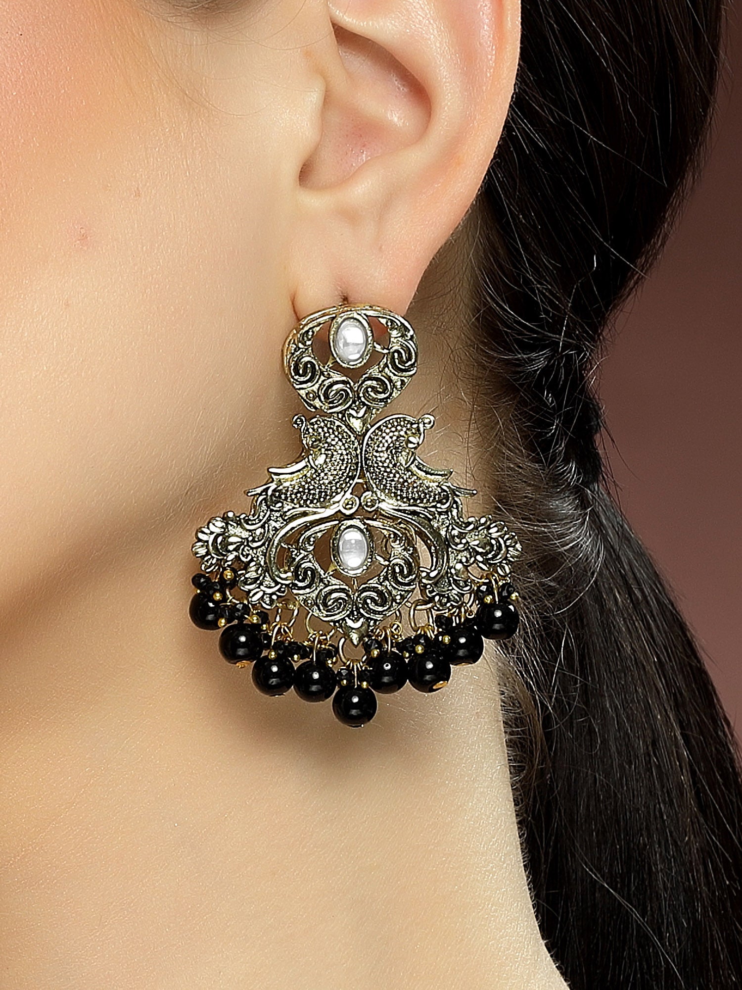 Karatcart Antique Gold Plated Black Beads Peacock Design Kundan Dangler Earrings for Women - Image 1