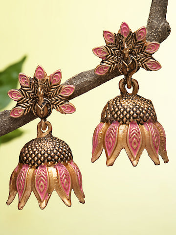 Karatcart Gold Plated Peacock Design Pink Jhumki Earrings for Women