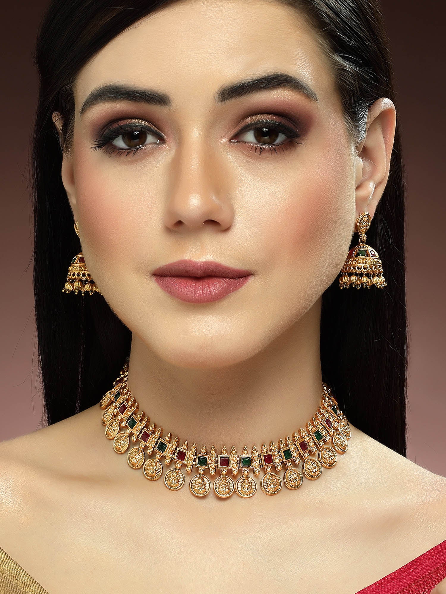 Karatcart Gold Plated Red & Green Stones Temple Jewellery Set for Women - Image 1