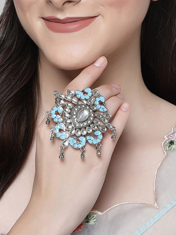 Karatcart Silver Plated Light Blue Meena Kundan Cocktail Ring for Women