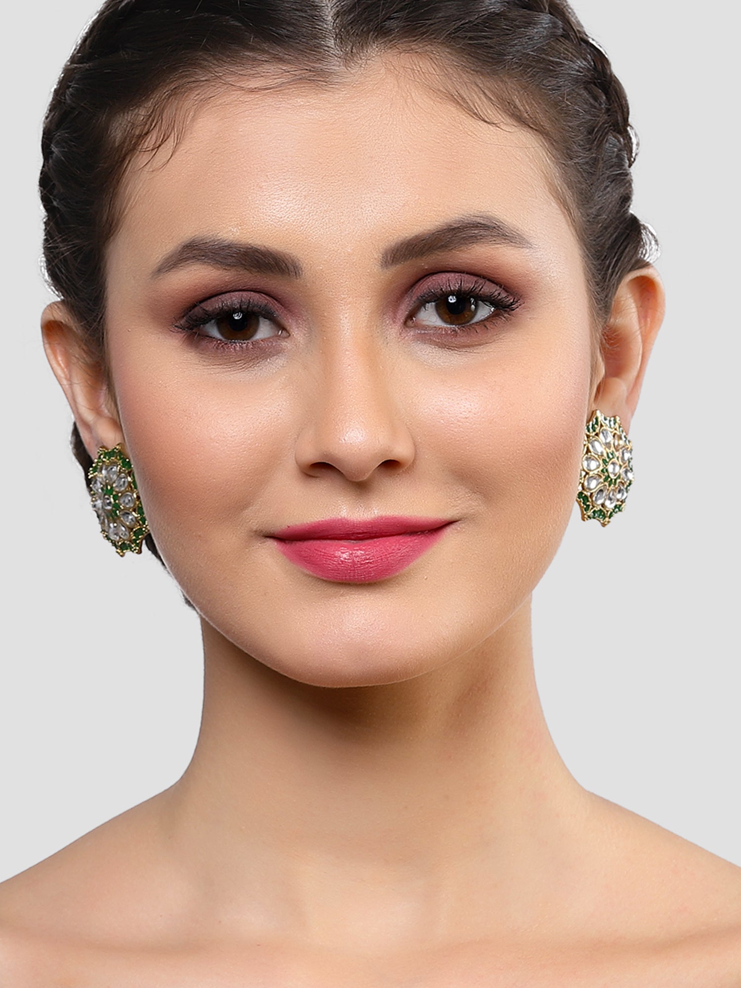 Karatcart Gold Plated Green Meena and White Kundan Stud Earrings for Women - view 2