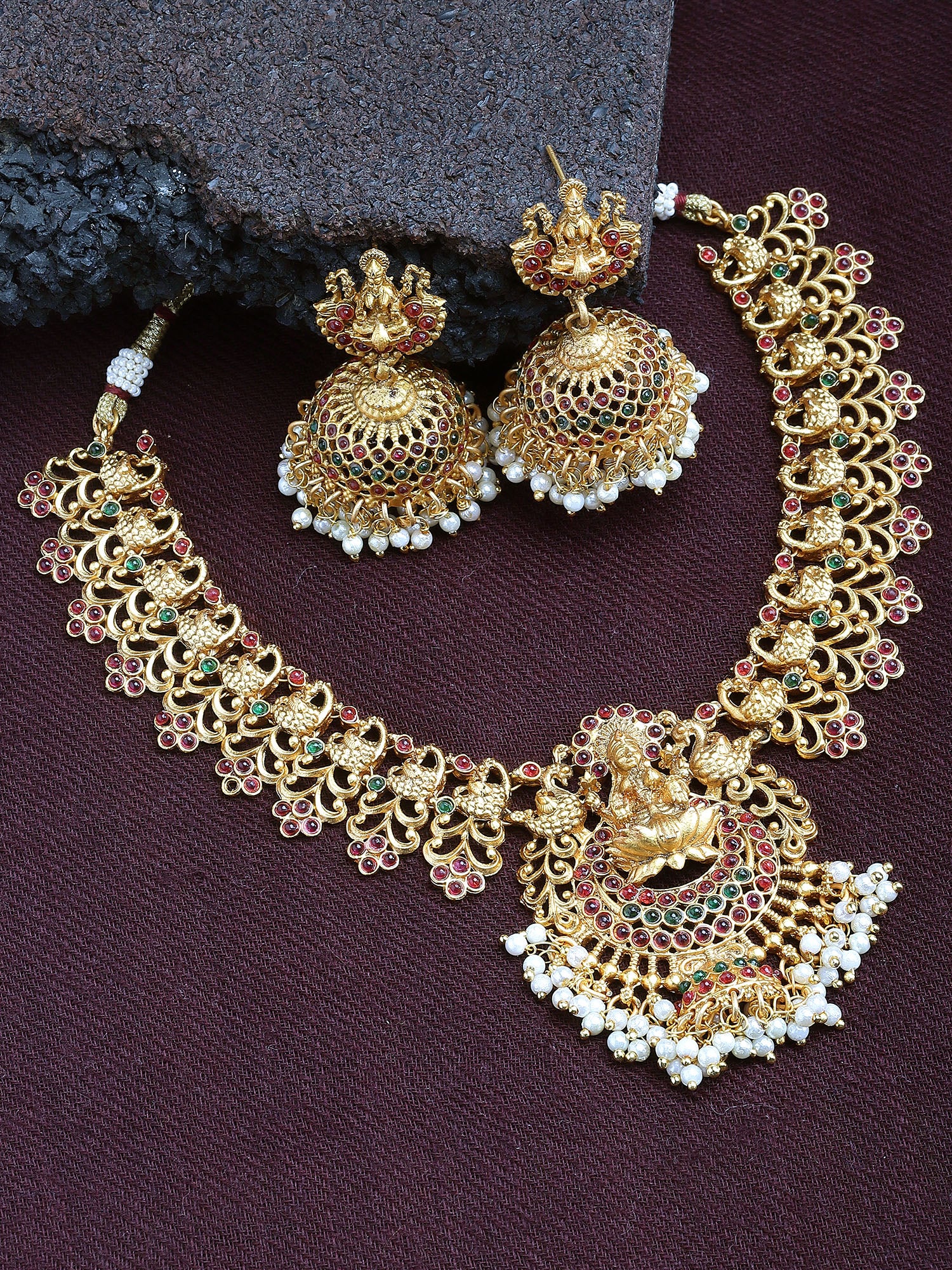Karatcart Gold Plated Mata Laxmi and Peacock Design Temple Jewellery Set for Women - view 3