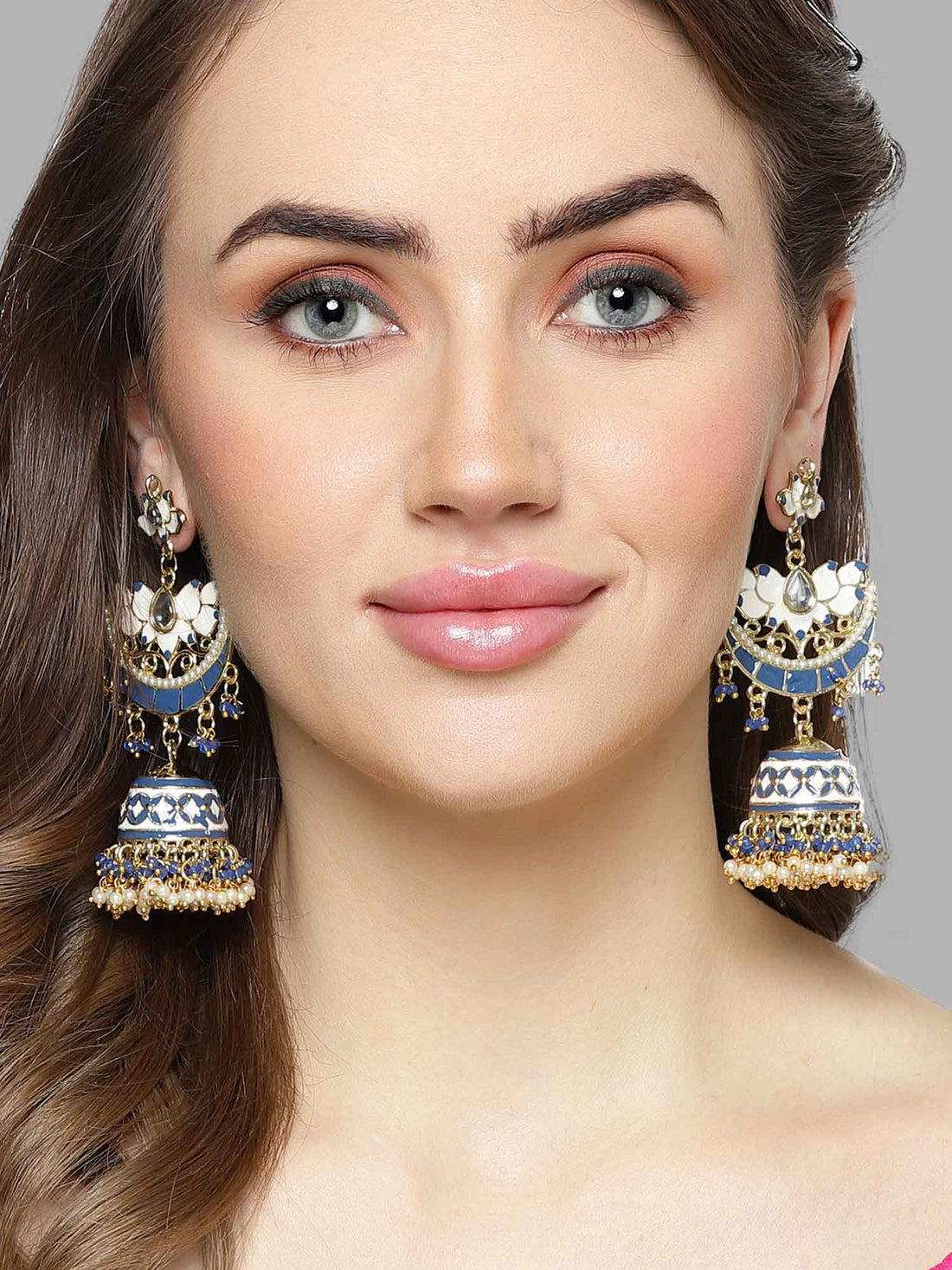 Karatcart Gold Plated Blue and White Meena Kundan Jhumki Earrings for Women