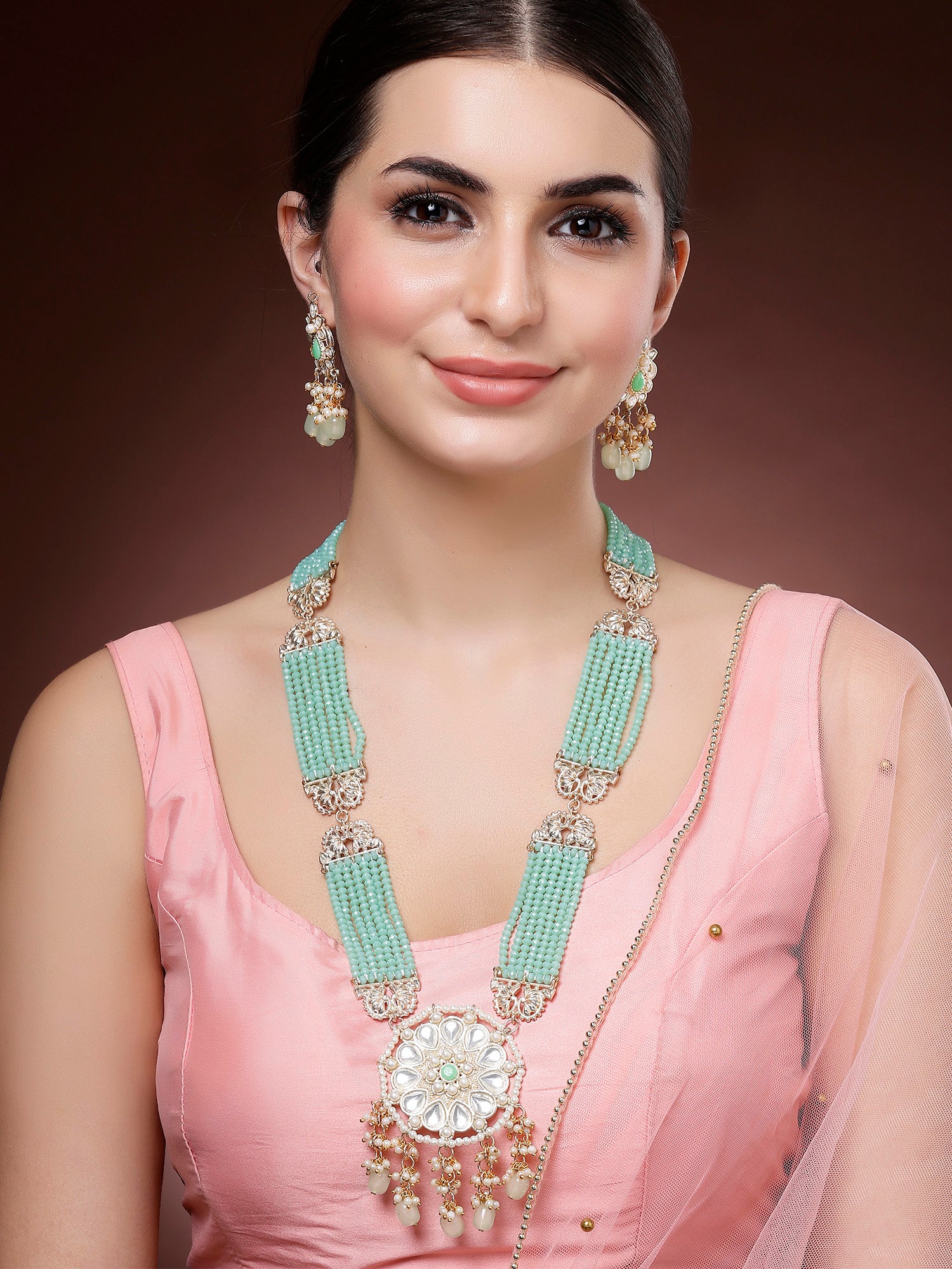 Karatcart Light Green Crystal Long Kundan Rani Haar Necklace Set for Women
