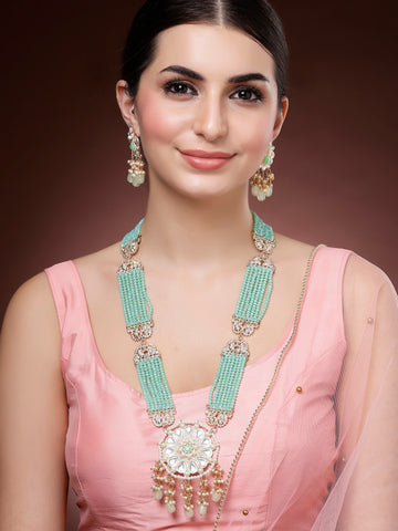 Karatcart Light Green Crystal Long Kundan Rani Haar Necklace Set for Women