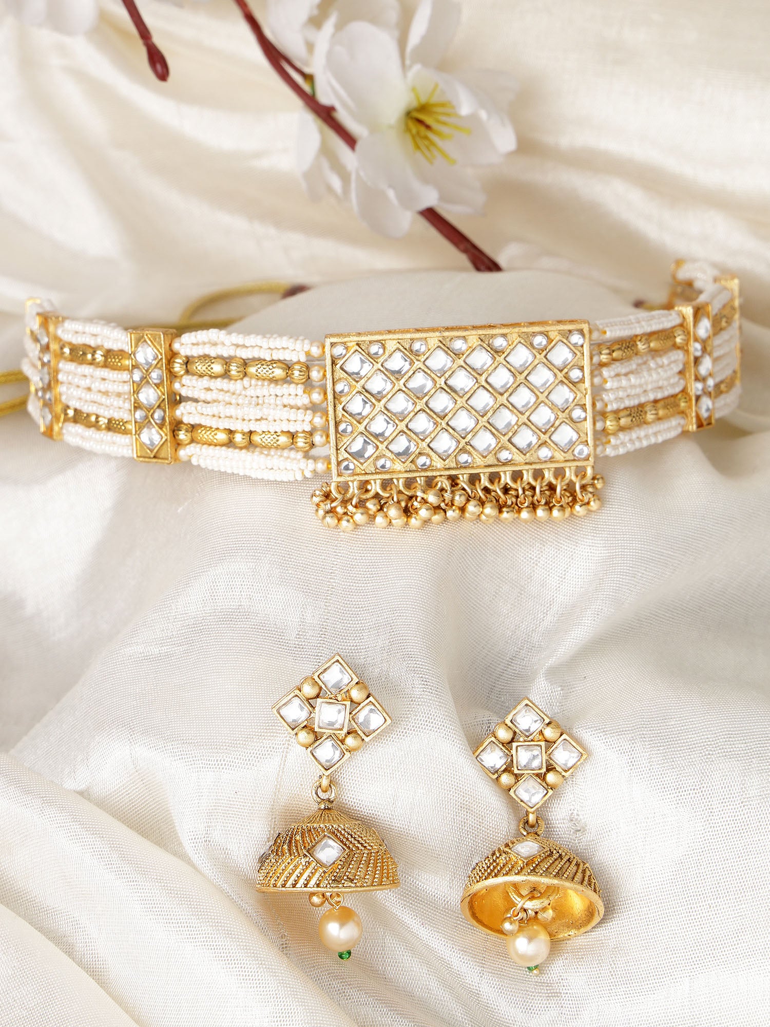 Karatcart Gold Plated White Stone Choker Necklace Set for Women - Image 1