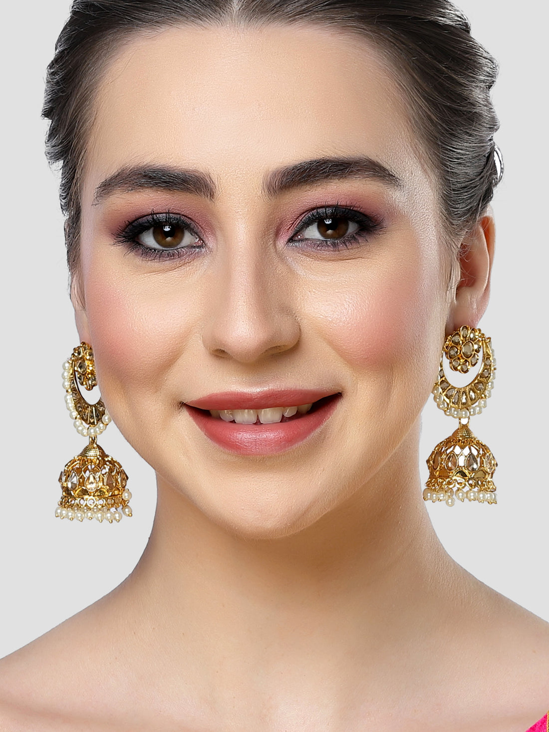 Karatcart Gold Plated Floral Design Kundan Studded Jhumki Earrings for Women