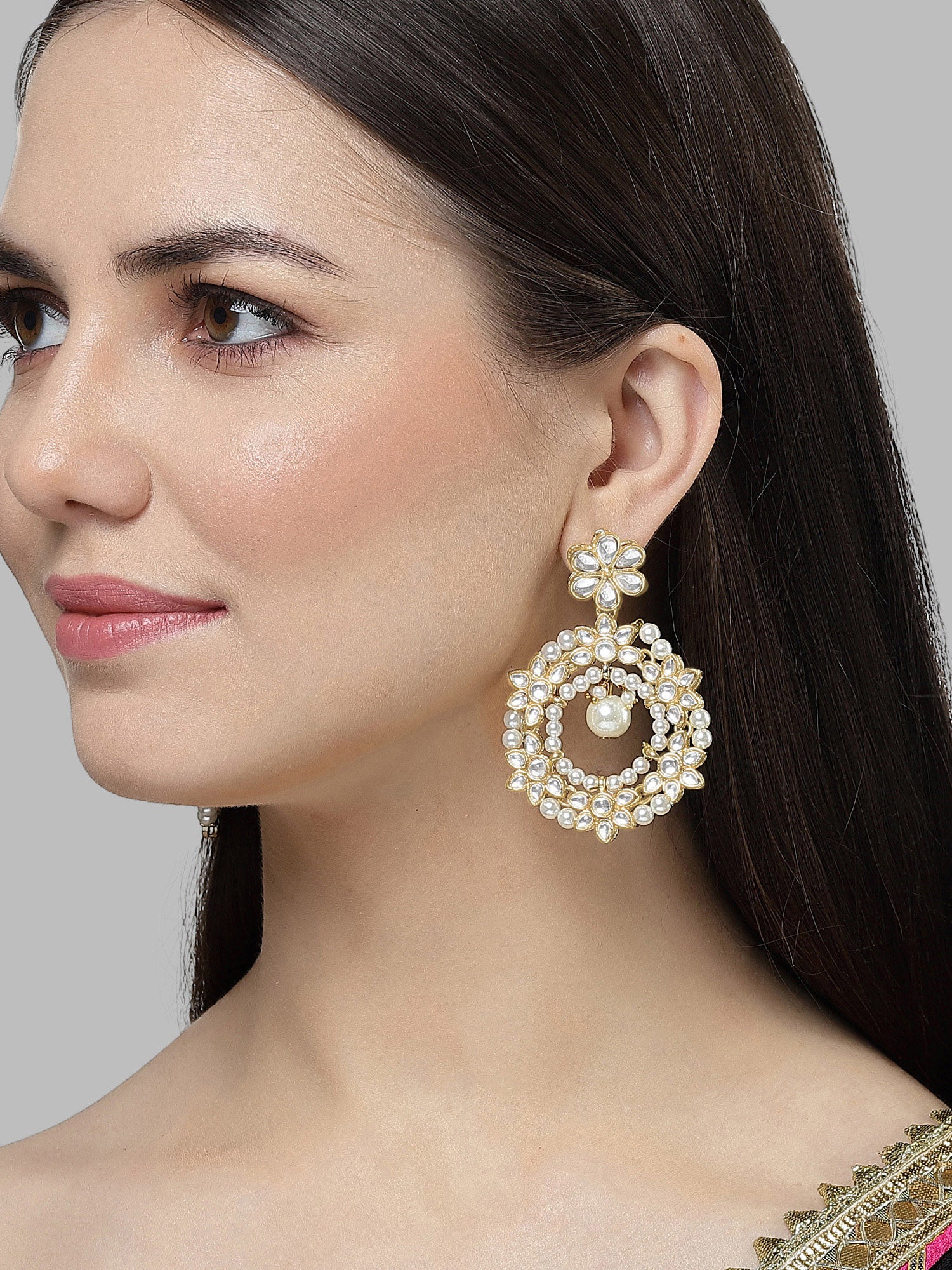 Karatcart Gold-Plated Pearl and Floral Kundan Studded Dangler Hoop Earring for Women - Image 1