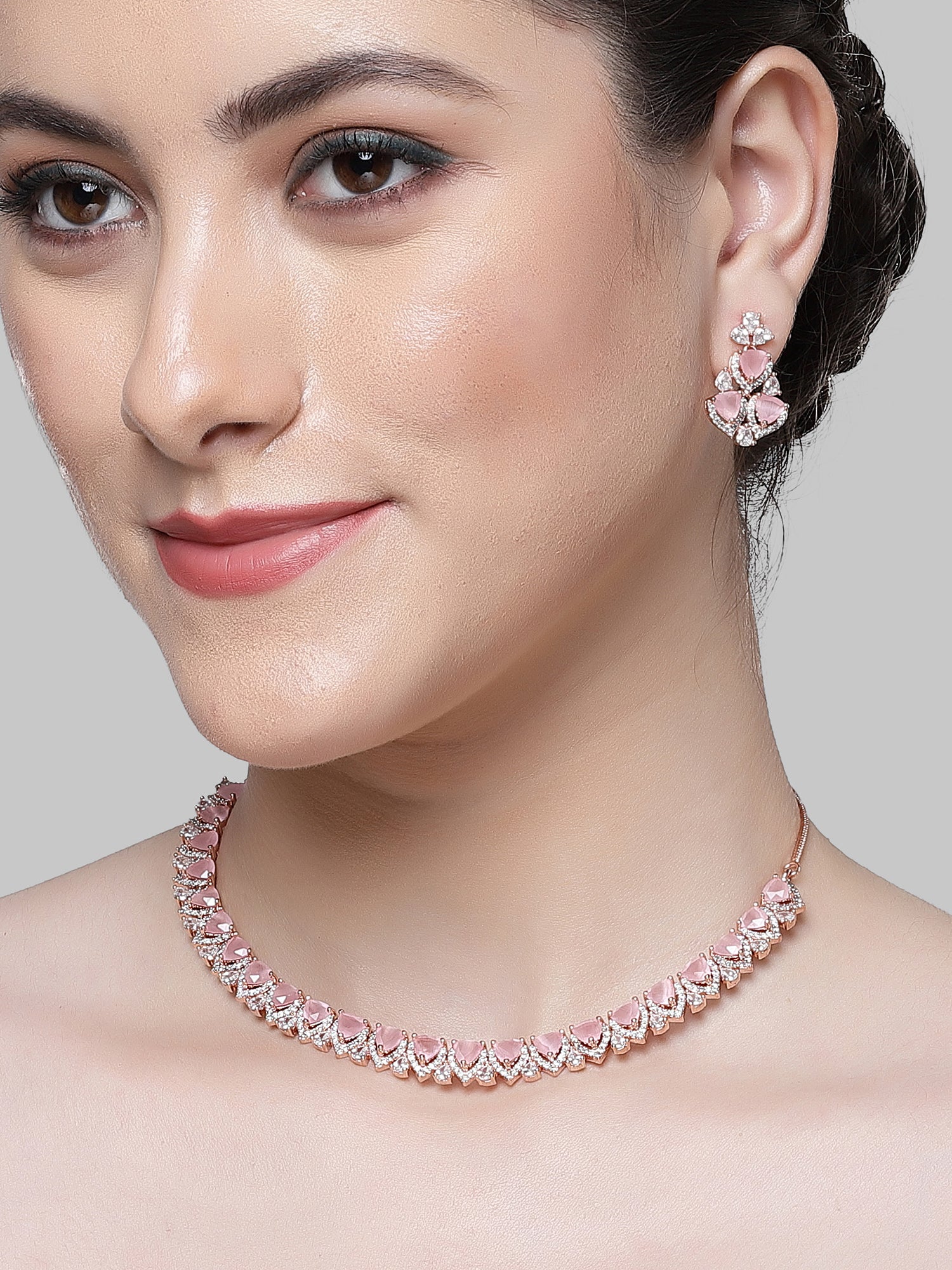 Karatcart Rose Gold Plated Heart Shape Pink Cubic Zirconia Necklace Set for Women - view 2