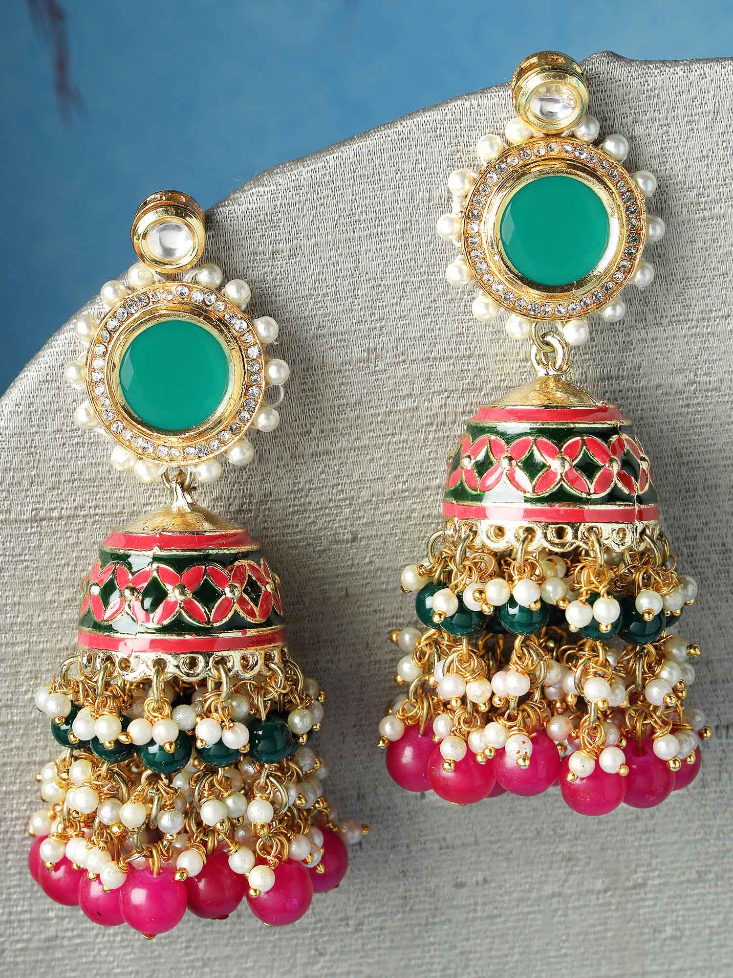 Karatcart Gold Plated Green and Pink Meena Polki Kundan Jhumki Earrings for Women - view 4