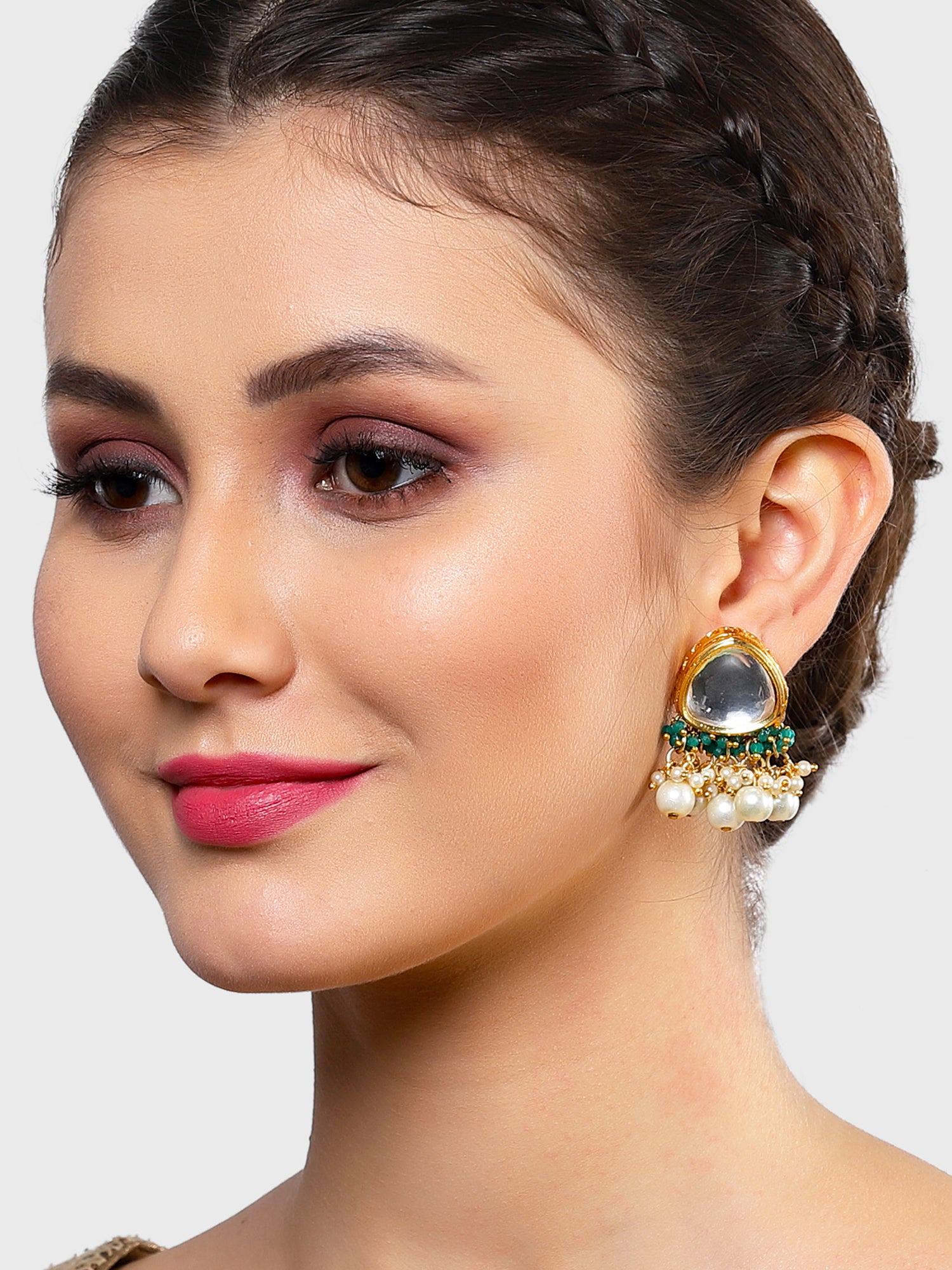 Karatcart Gold Plated Green Crystal and Pearl Studded Polki Kundan Stud Earrings for Women - Image 1