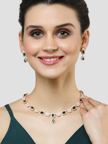 Karatcart Rose Gold Plated Floral Design Green Cubic Zirconia Studded Necklace Set