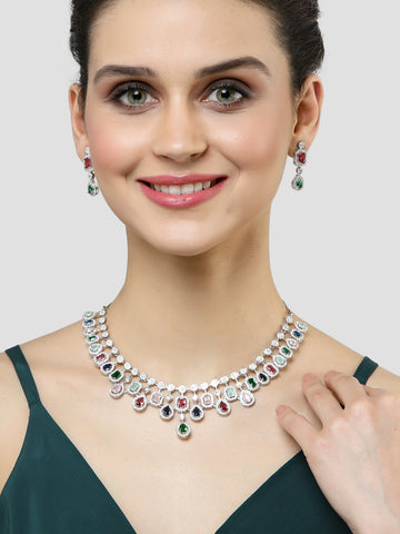 Karatcart Silver Toned Multicolor American Diamond and CZ Studded Jewellery Set for Women