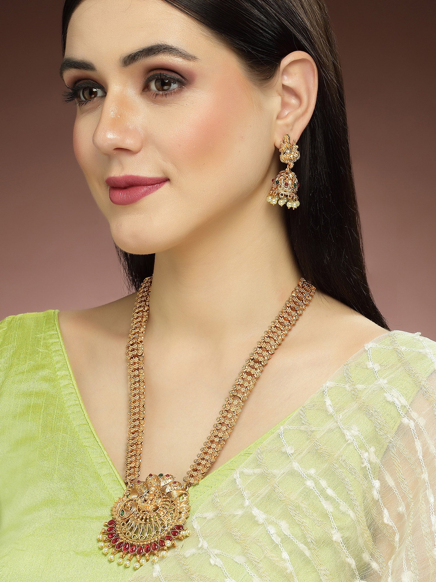 Karatcart Gold Plated Red Stone Laxmi Mata Rani Haar Temple Jewellery Set for Women - view 2