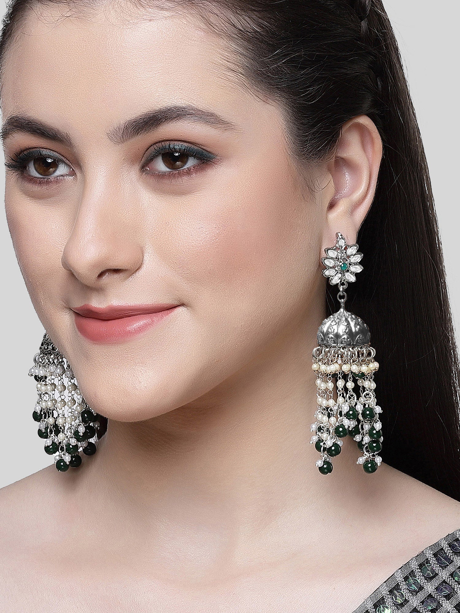 Karatcart Oxidised Silver Plated Green Beads and Kundan Studded Jhumki Earrings for Women - Image 1