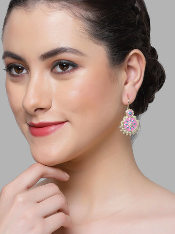 Karatcart Gold Plated Pink and Blue Meena Drop Earring for Women