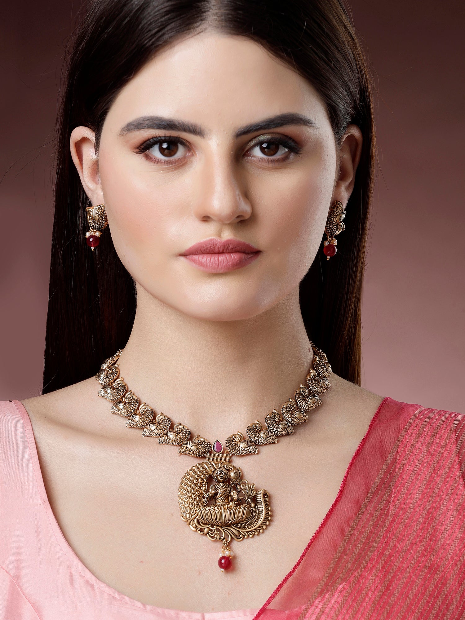 Karatcart Graceful Gold Plated Red Bead Laxmi Mata on Peacock Long Temple Jewellery Set for Women
