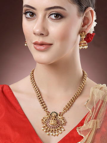 Karatcart Gold Plated Pearl Studded Laxmi Mata Temple Jewellery Set for Women