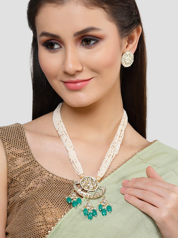 Karatcart Gold Plated Green Tumble And Kundan Studded Long Rani Haar Necklace Set - Womens