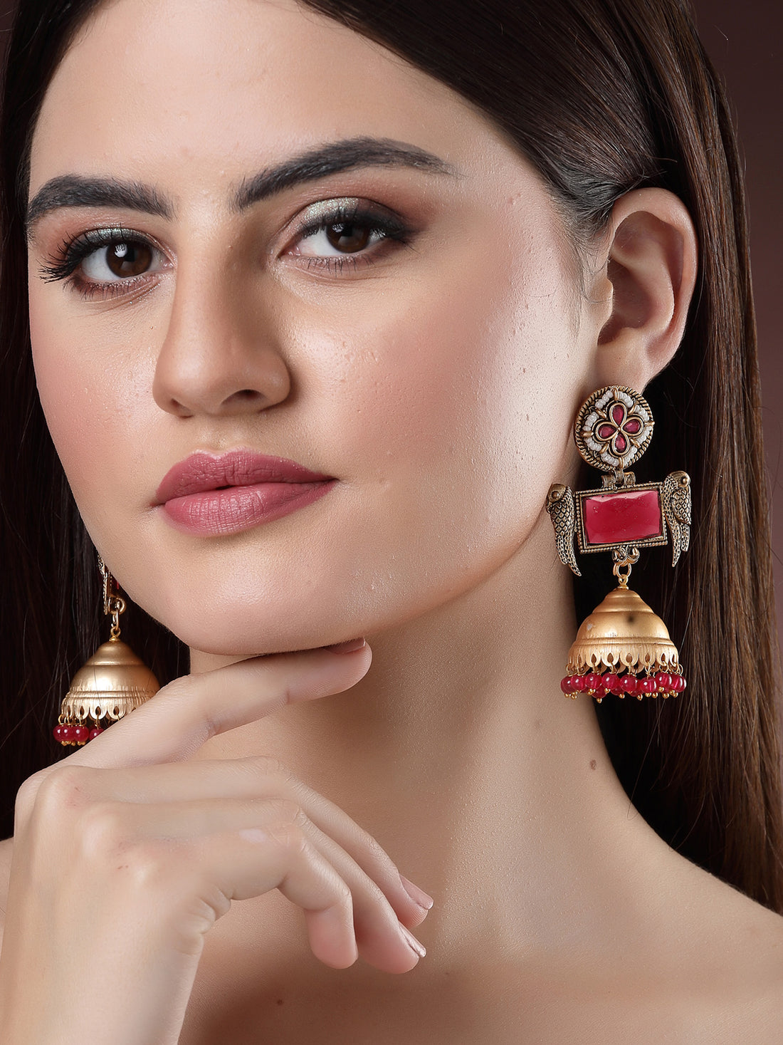 Karatcart Gold Plated Red Stone Studded Dangler Jhumki Earrings for Women