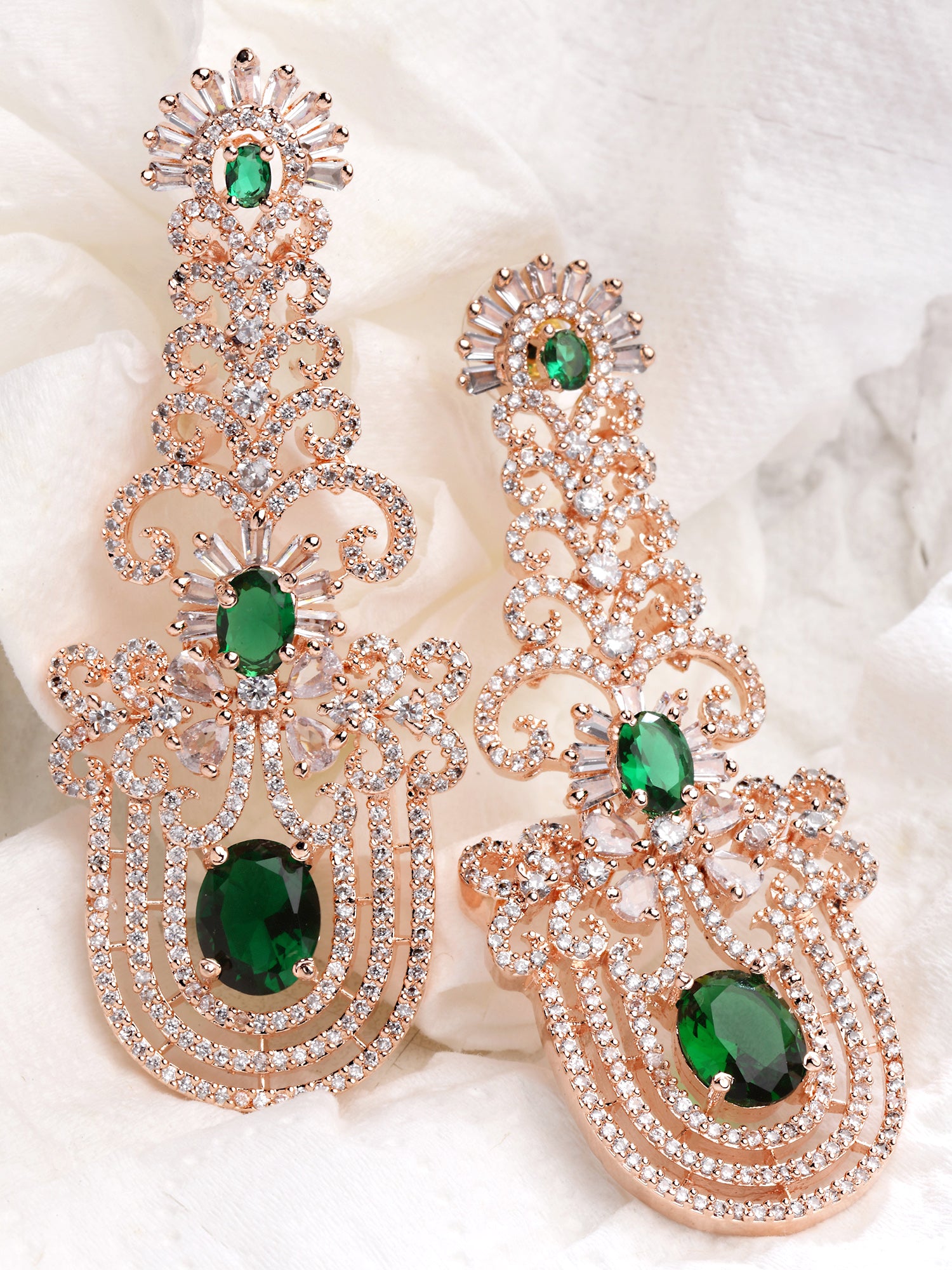 Karatcart Rose Gold Plated Green Cubic Zirconia Studded Dangler Earrings for Women
