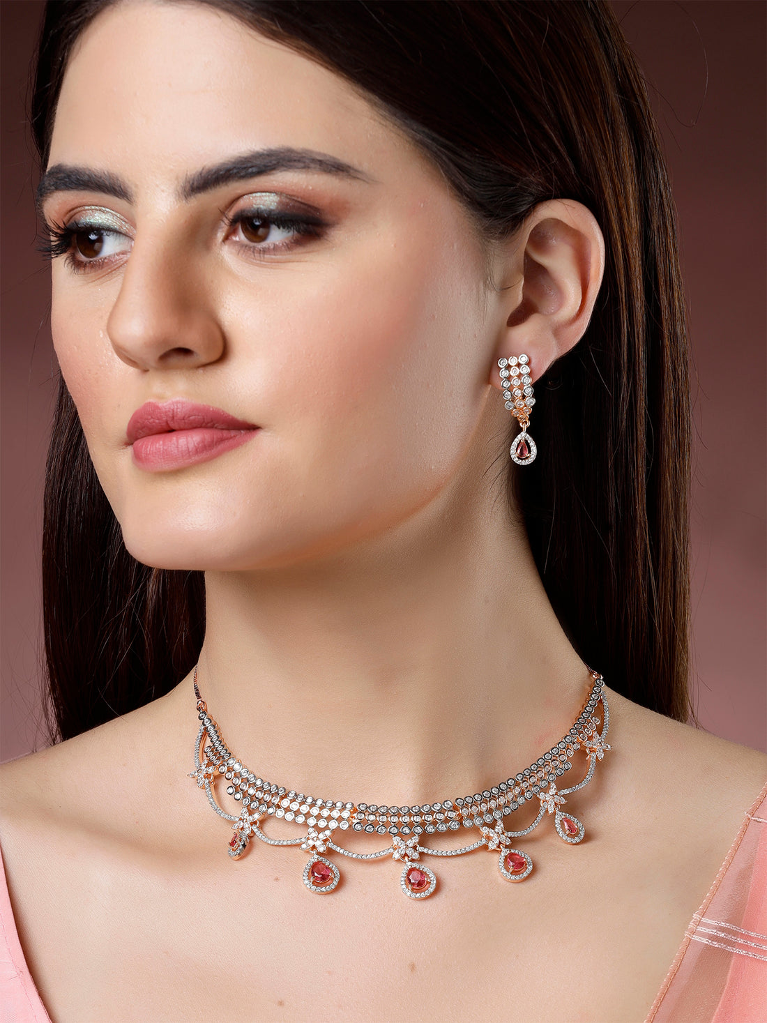 Karatcart Elegant Rose Gold Plated Necklace Set with Red Cubic Zirconia and Rhodium Finish for Women