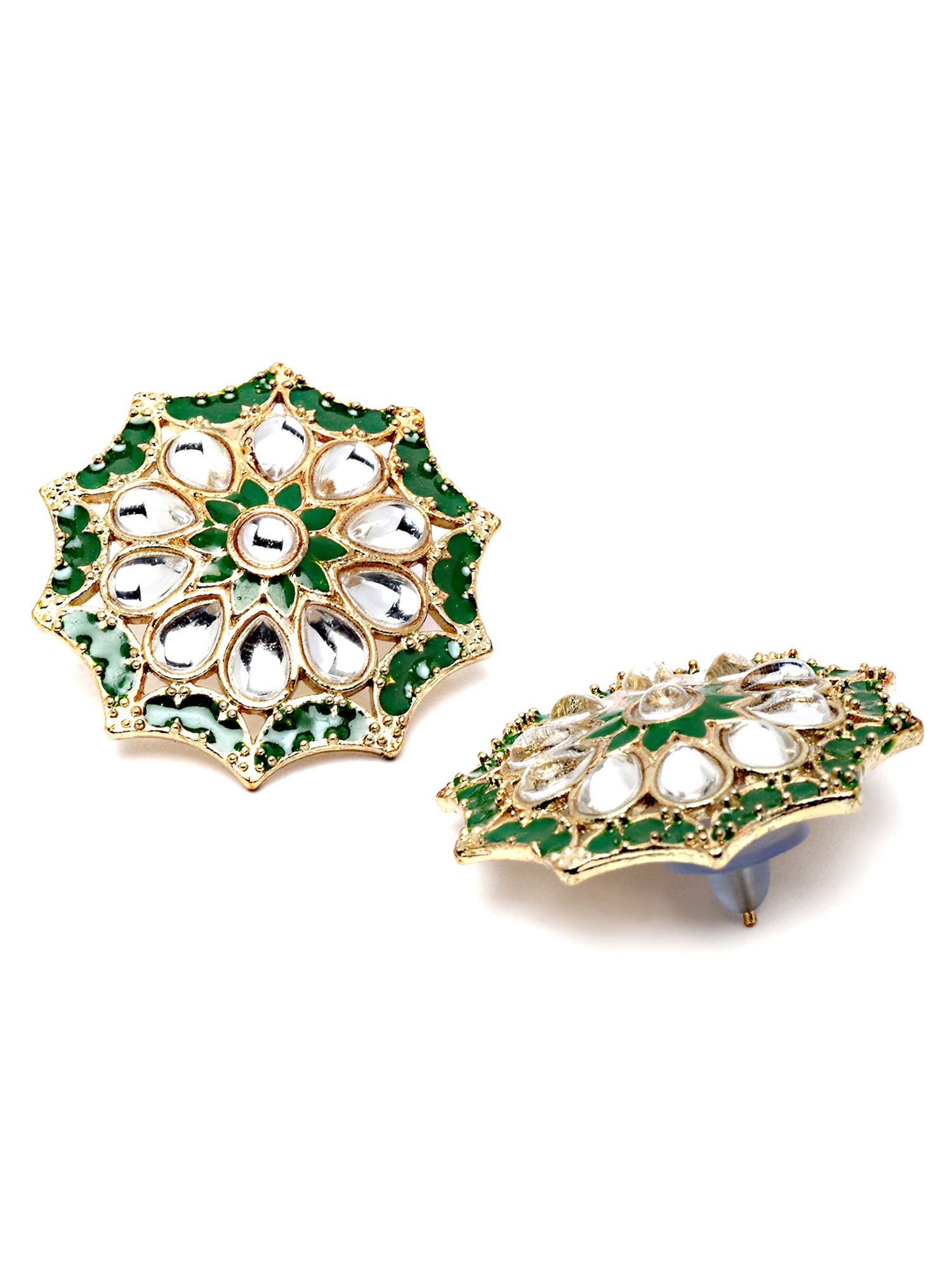 Karatcart Gold Plated Green Meena and White Kundan Stud Earrings for Women - view 5