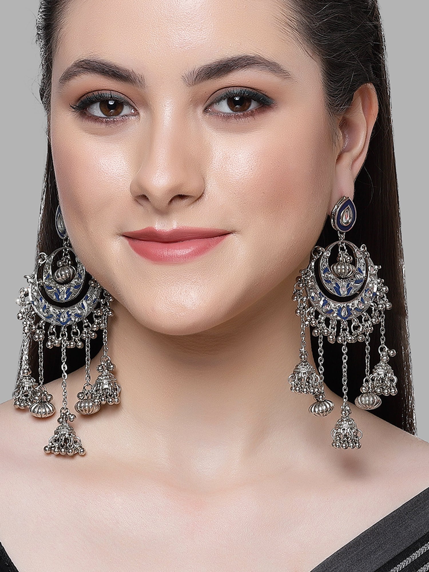 Karatcart Oxidised Silver Plated Blue Meena and Kundan Dangler Earrings for Women - view 2