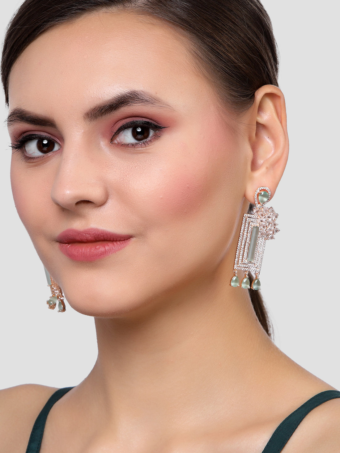 Karatcart Rose Gold Plated Lime Green Cubic Zirconia Studded Drop Earrings for Women