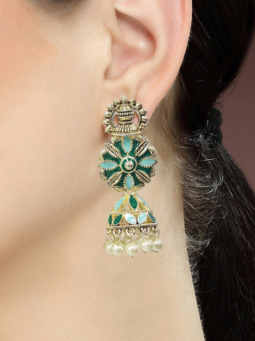 Karatcart Gold Plated Floral Design Green and Light Blue Meena Jhumki Earrings for Women