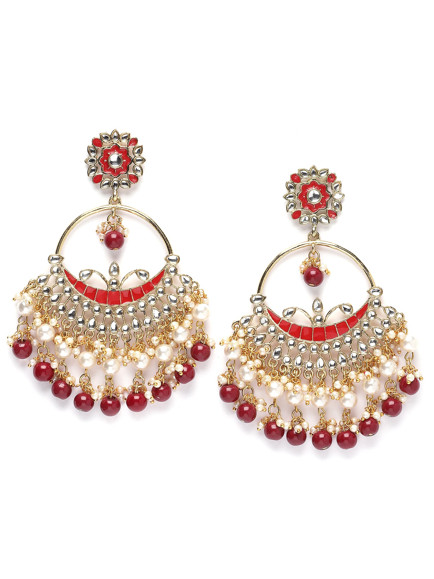 Karatcart Gold Plated Red Beads and Pearl Kundan Chandbali Earrings for Women - view 4