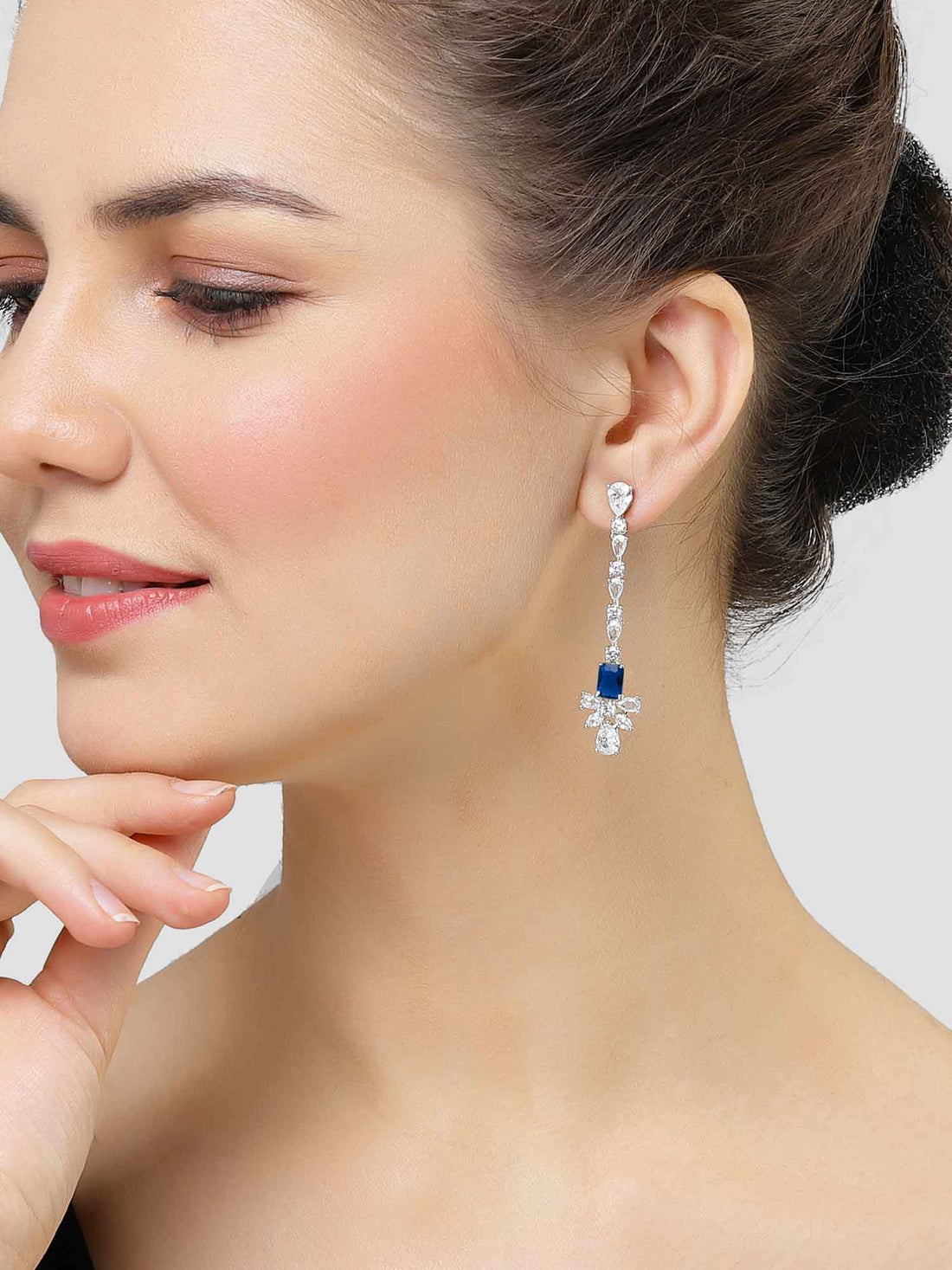 Karatcart Silver Plated Blue Drop Cubic Zirconia Earrings for Women