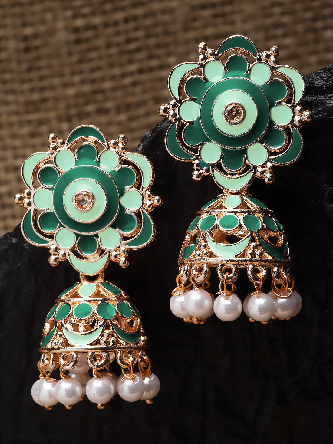 Karatcart Rose Gold Plated Floral Design Green and Lime Green Meena Jhumki Earrings for Women