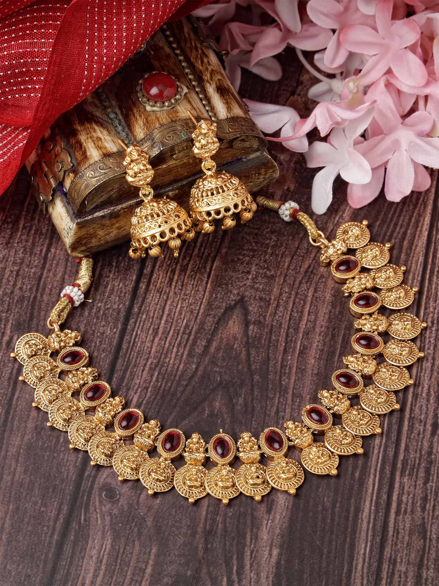 Karatcart Gold Plated Red Stones Classic Laxmi Mata Temple Jewellery Set for Women - view 3