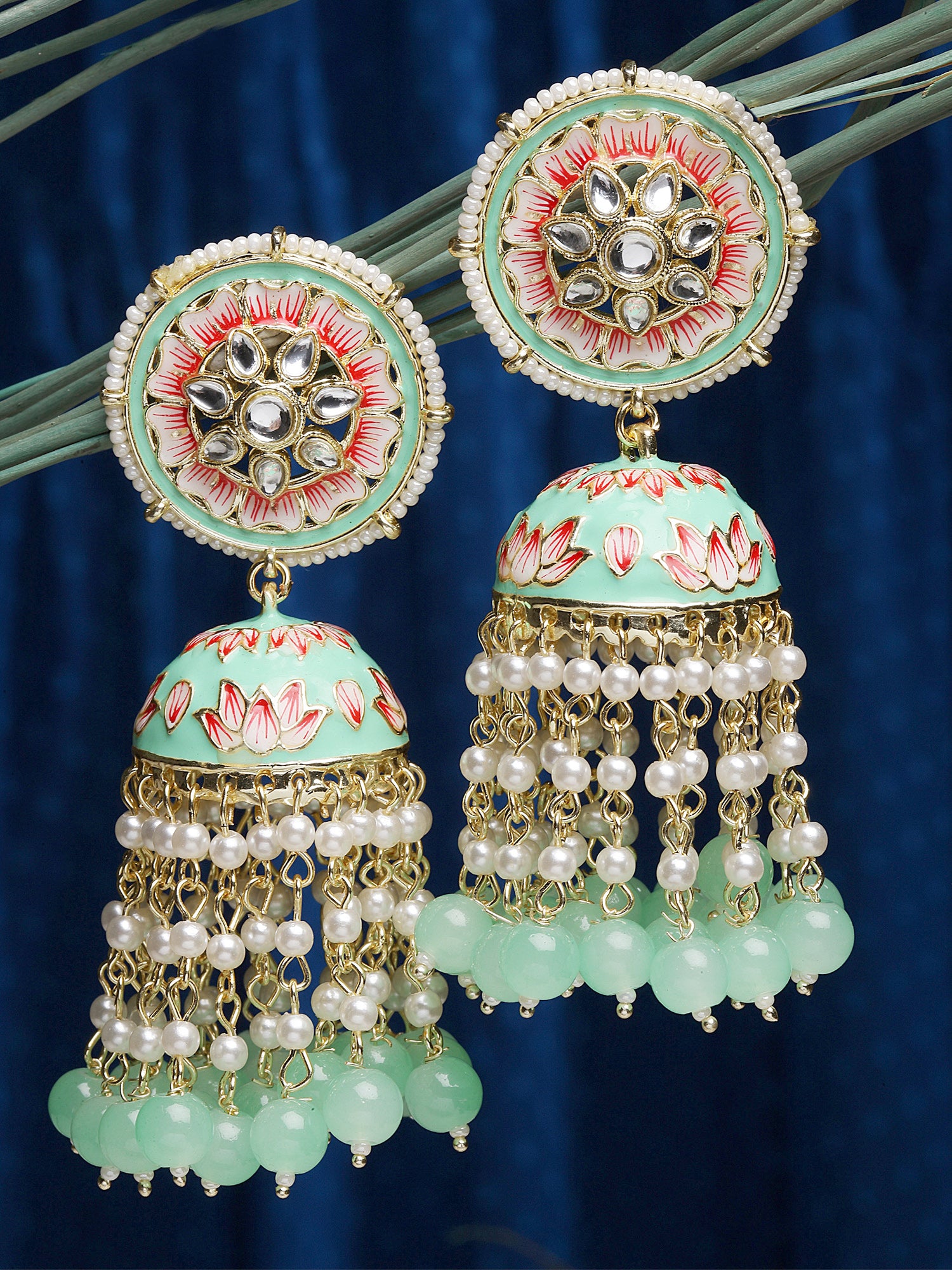 Karatcart Gold Plated Lime Green Meena and Pearl Studded Floral Kundan Jhumki Earrings for Women - view 3