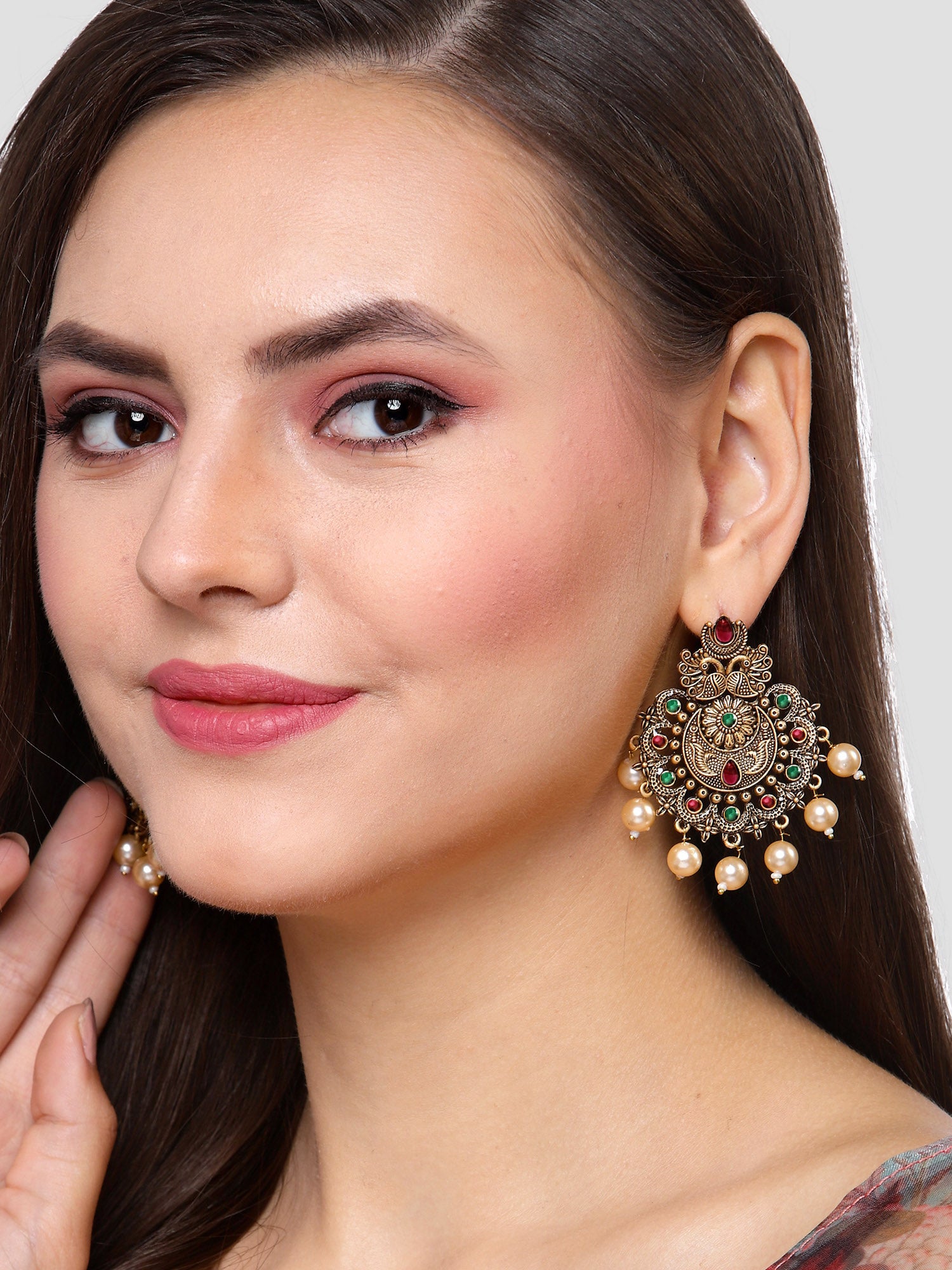 Karatcart Gold Plated Red and Green Floral Design Gloden Pearl Dangler Earrings for Women - view 2