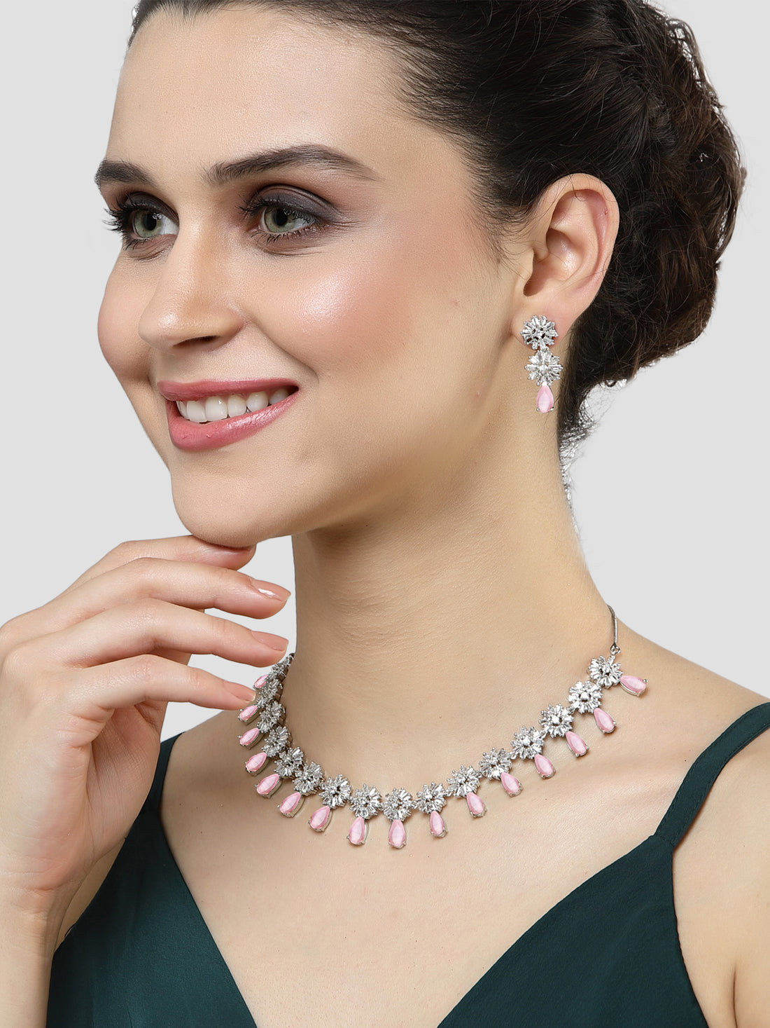 Karatcart Silver Tone Floral Design Pink Cubic Zirconia Studded Necklace Set for Women