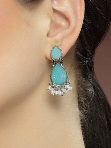 Karatcart Silver Tone Drop Shape Light Blue Carved Stone Studded Drop Earrings for Women