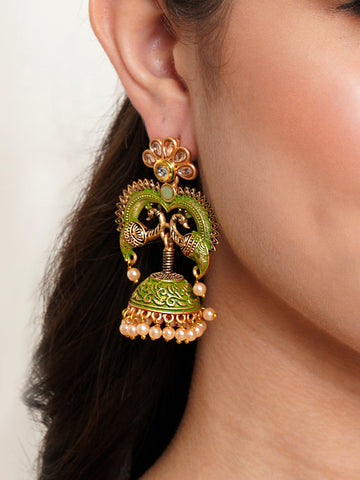 Karatcart Antique Gold Plated Light Green Designer Peacock Jhumki Earrings for Women