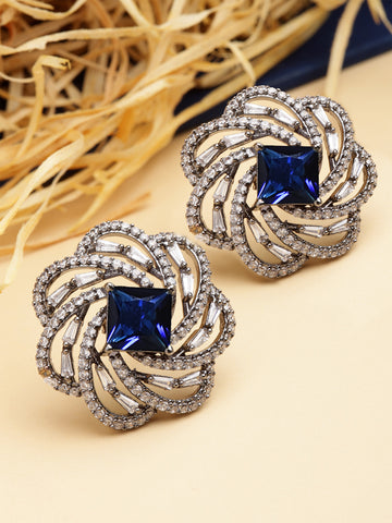 Karatcart Black Silver Tone Blue Cubic Zirconia Stud Earrings for Women